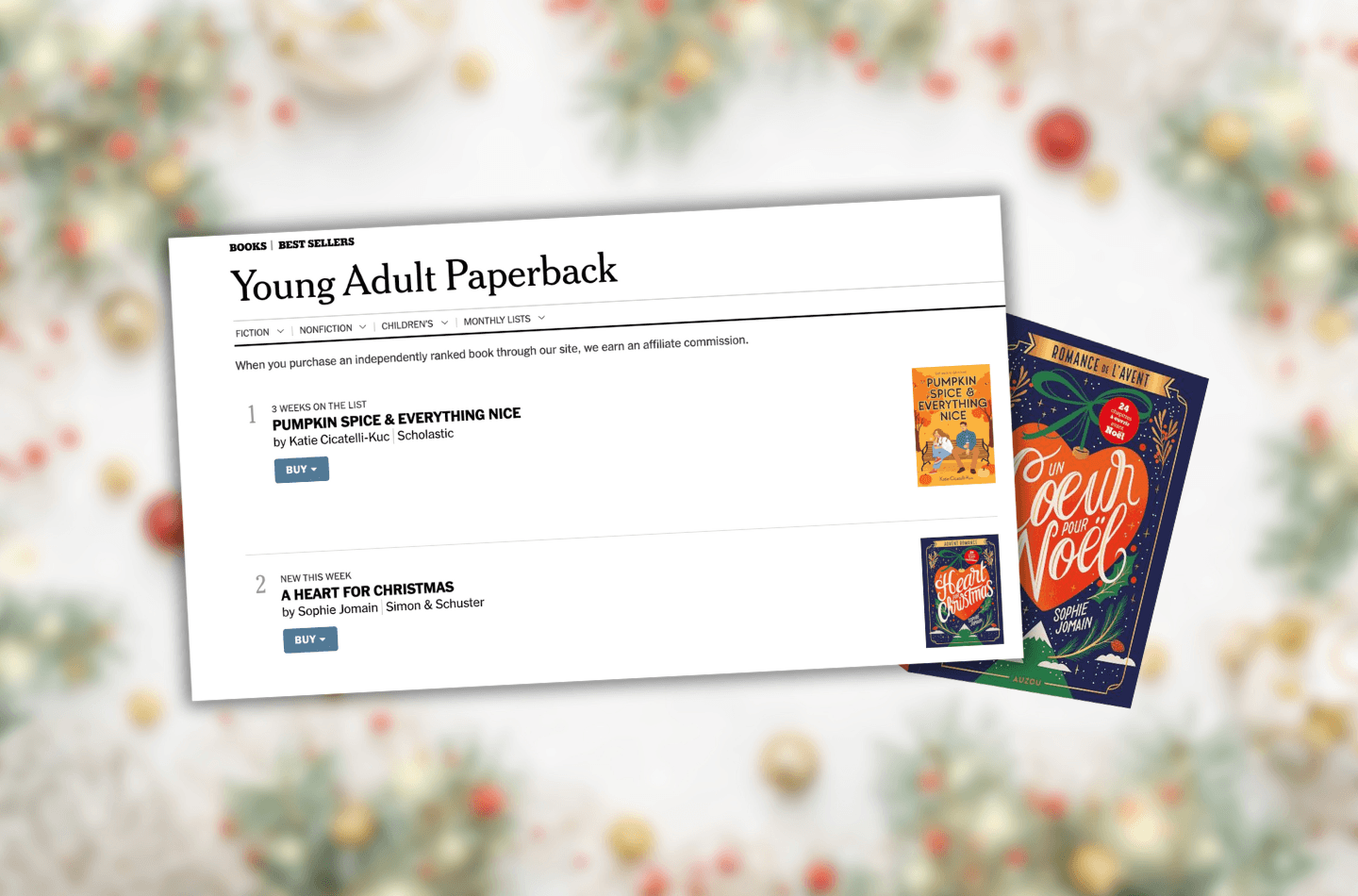 Un coeur pour Noël dans la liste des bestellers du New York Times