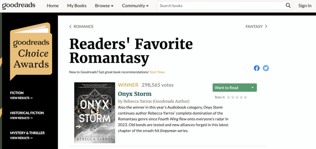 Onyx Storm remporte le Goodreads choice award de la romantasy